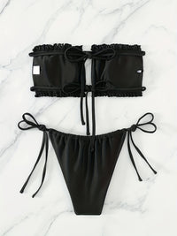 [Ruched Bra Top Bikini] Two Piece Ruched Bra Top Bikini Swimsuit - Double Drawstring Bandeau Tie Side High Cut - Women's Swimwear