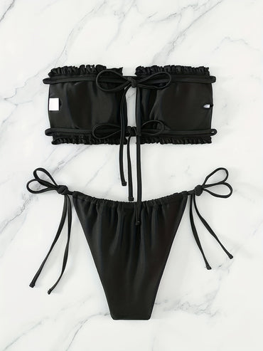 [Ruched Bra Top Bikini] Two Piece Ruched Bra Top Bikini Swimsuit - Double Drawstring Bandeau Tie Side High Cut - Women's Swimwear