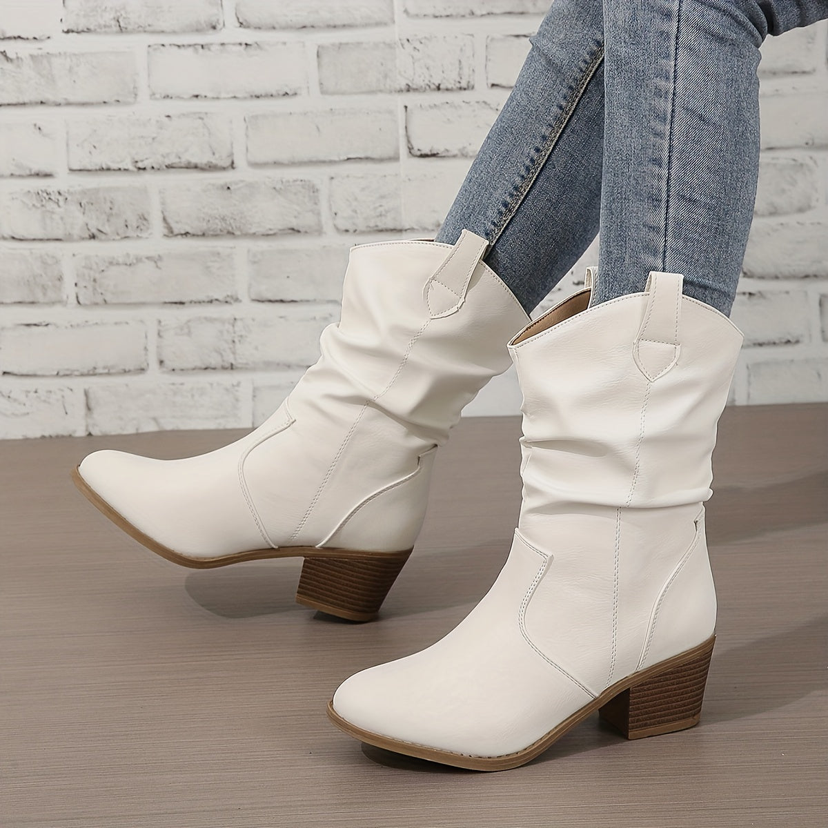 Mid Calf Women's Slouch Boots, Solid Color V-cut Slip On Cowgirl Low Heel Block Stacked Heels