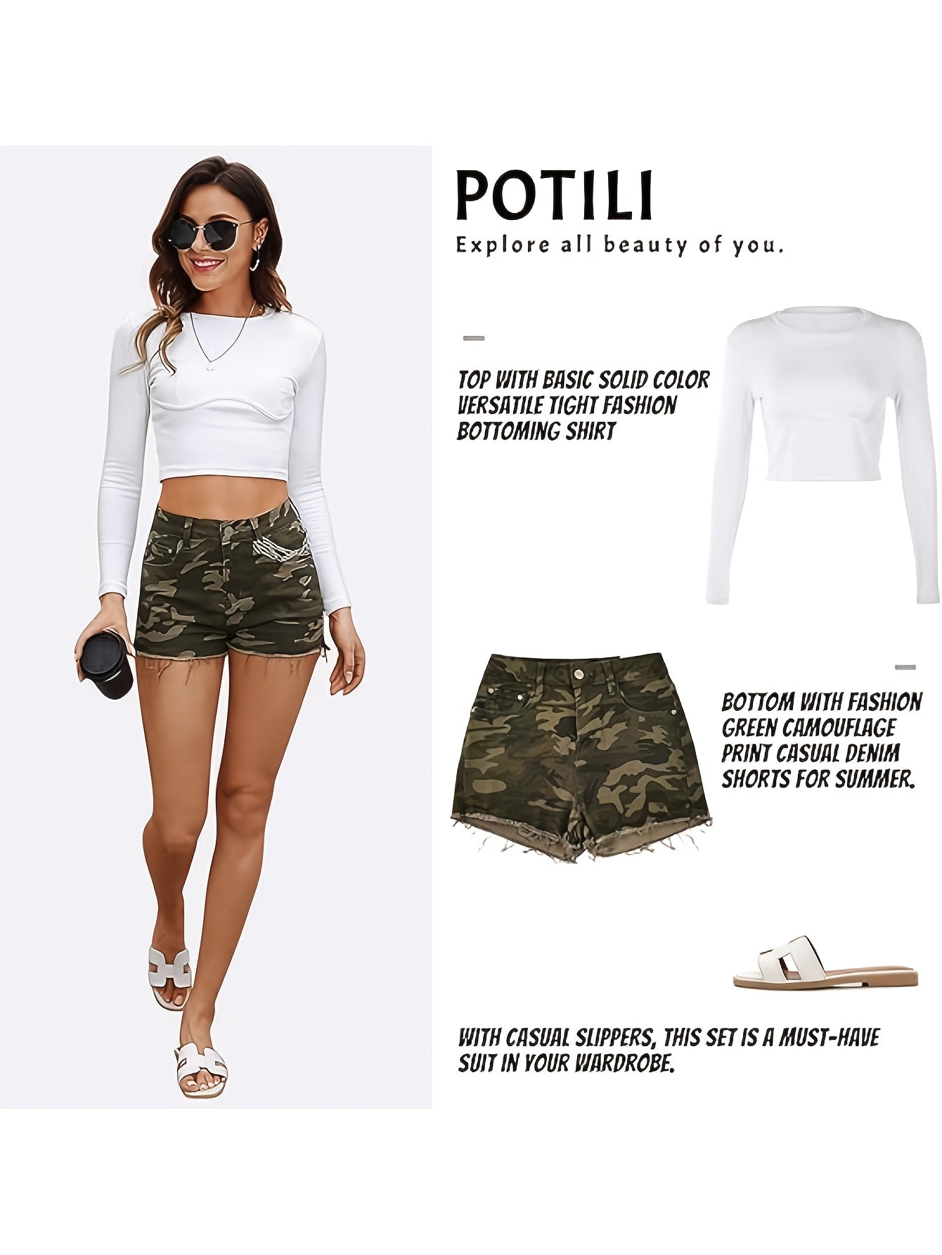 Women's Denim Shorts, High Waisted Shorts, Worn Edges, Casual Stretch Camouflage Military Green Shorts