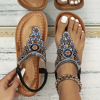 Women's Boho Style Flat Sandals, Flower Rhinestone Elastic Strap Slip On Shoes, Summer Beach Thong Sandals