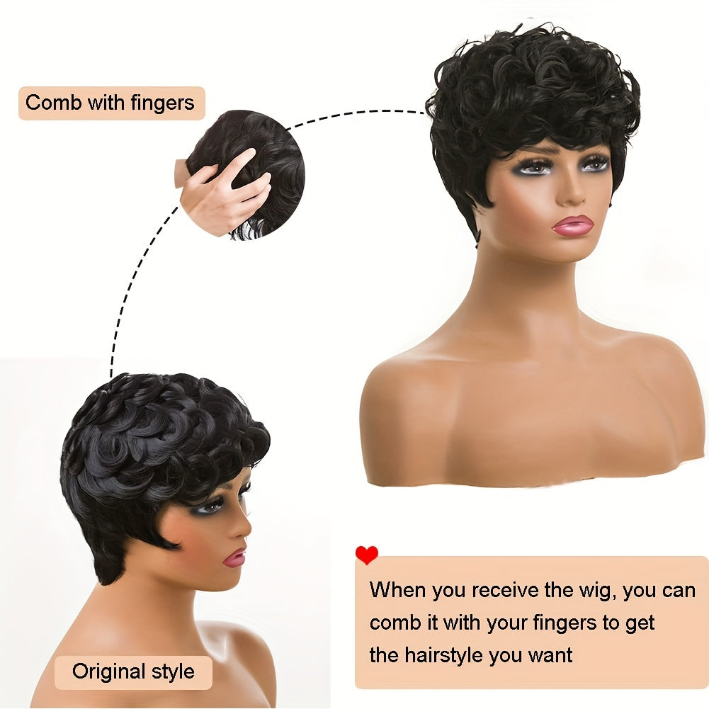 Flattering Pixie Cut Wig - Chic Bangs & Luxurious Curly Texture - Daring Black-Silver Blend Short Synthetic Wig with Dramatic Deep Wave - Effortlessly Layered Style for Women
