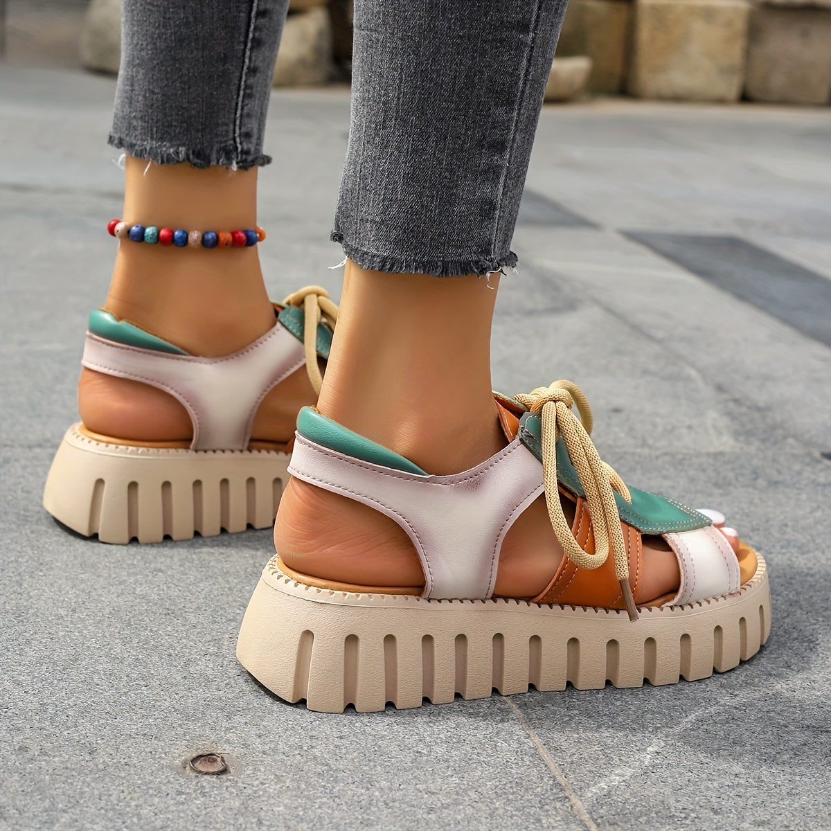Stylish Summer Platform Sandals for Women - Comfy Cutout, Open-Toe Lace-Up, Casual Beach-Ready Footwear
