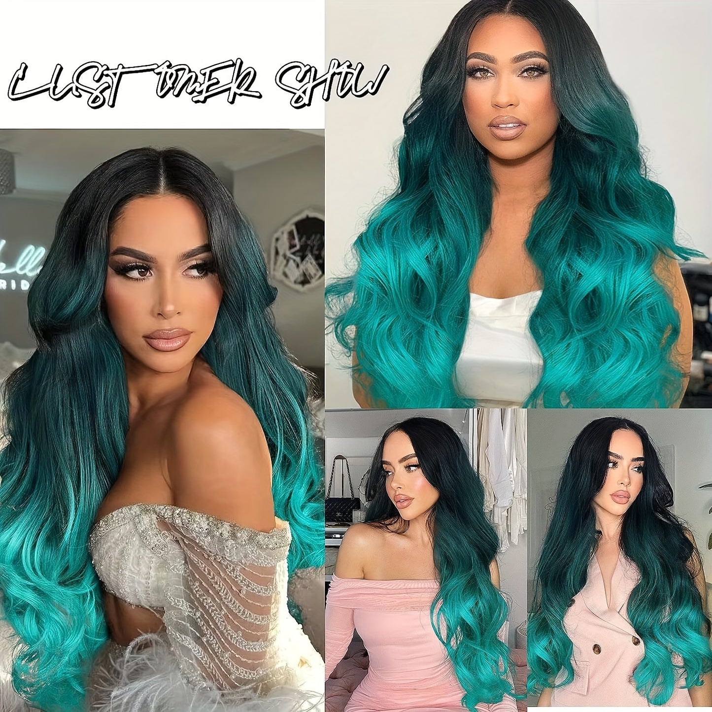 Long Wavy Wig Ombre Bluish Green Wigs Long Curly Ombre Color Hair Wigs Middle Part Synthetic Mermaid Green Wigs For Women Daily Party Cosplay