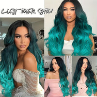 Long Wavy Wig Ombre Bluish Green Wigs Long Curly Ombre Color Hair Wigs Middle Part Synthetic Mermaid Green Wigs For Women Daily Party Cosplay