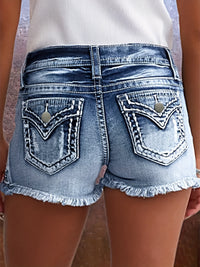 Embroidered Pockets Washed Denim Shorts, Raw Hem Slash Pockets Short Denim Pants, Women's Denim Jeans & Clothing