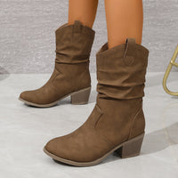 Mid Calf Women's Slouch Boots, Solid Color V-cut Slip On Cowgirl Low Heel Block Stacked Heels