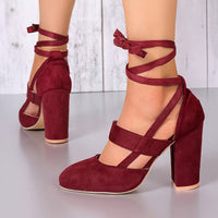 [Elegant Sandals] Elegant High Heel Sandals | Women's - Solid Color Fabric Upper, Round Toe, Lace-Up Ankle Strap, Block Heel, Rubber Sole, Man-Made Insole & Inner Material