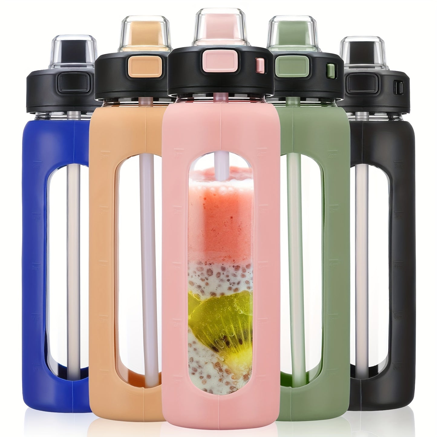 MUKOKO 24oz Glass Water Bottle With Straw, Motivational Water Bottles With Time Marker And Silicone Sleeve, Glass Bottle With Locking Lid And Carry Loop