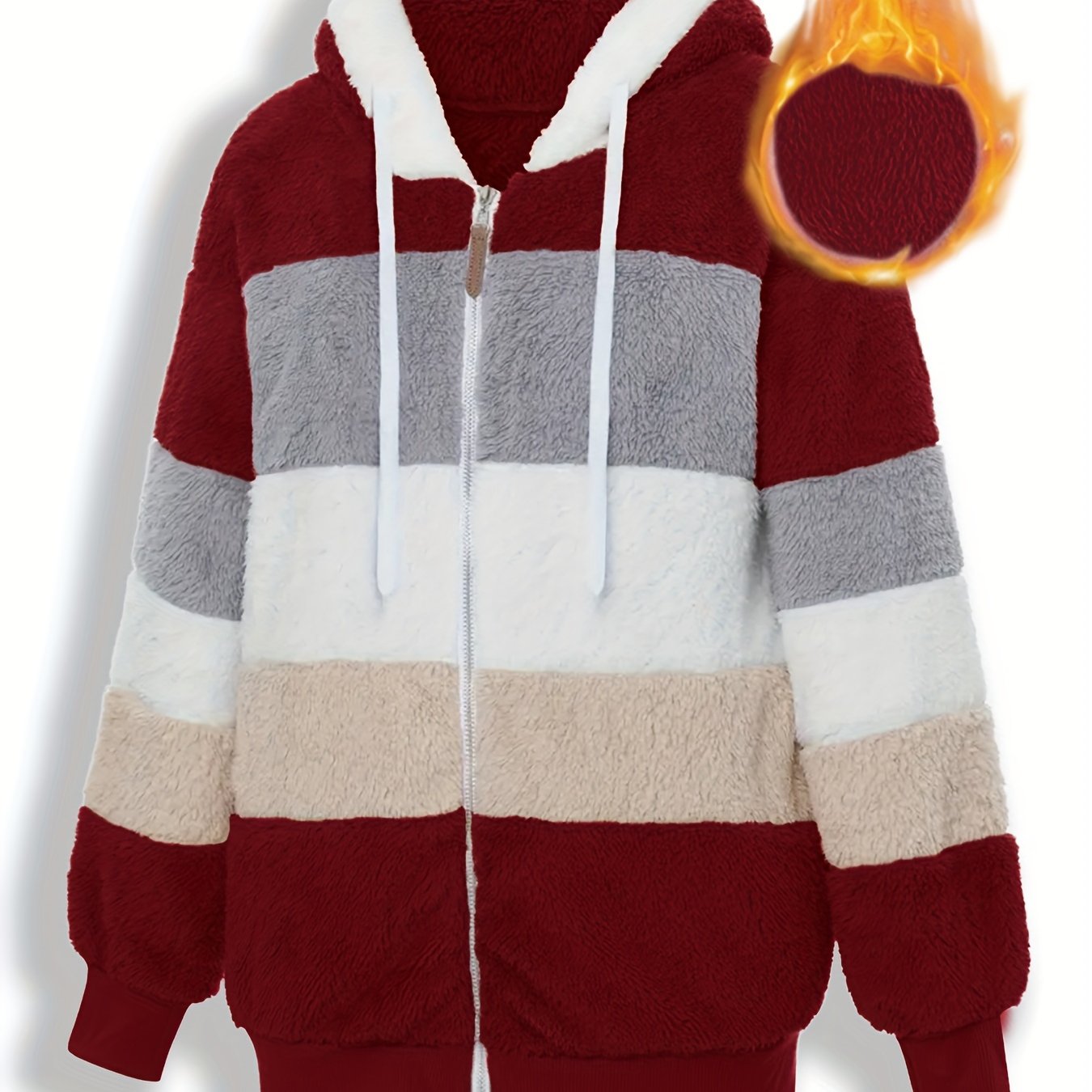 Plus Size Casual Coat, Women's Plus Colorblock Teddy Fleece Hooded Drawstring Zipper Long Sleeve Loose Fit Coat With Pockets