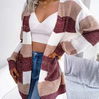 Striped Colorblock V-neck Cardigans, Casual Loose Drop Shoulder Long Sleeve Fall Winter Knit Cardigan, Women's Clothing