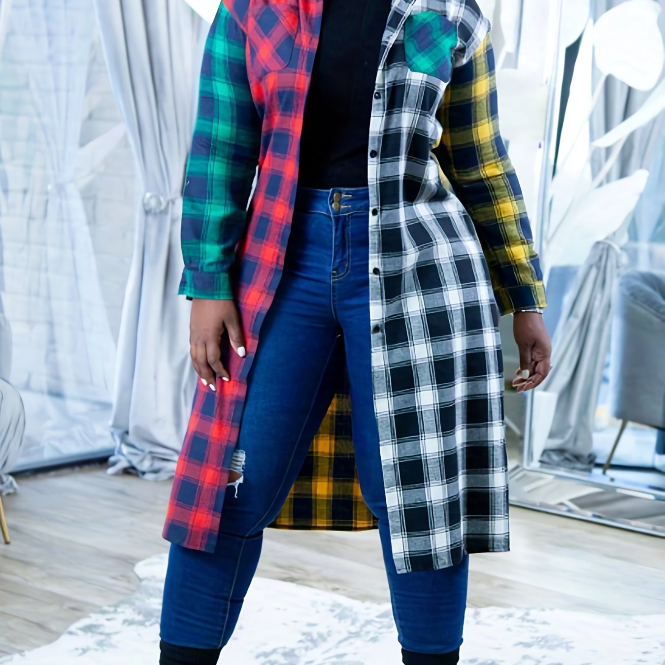 Color Block Plaid Patchwork Lapel Collar Trench Coat, Polyester Non-Stretch Woven Fabric, Fall Season Women'S Clothing