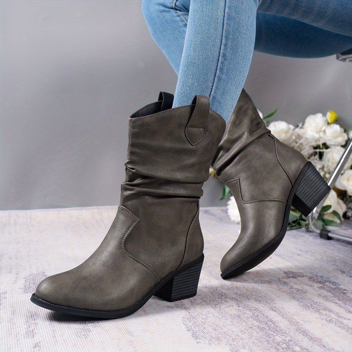 Mid Calf Women's Slouch Boots, Solid Color V-cut Slip On Cowgirl Low Heel Block Stacked Heels