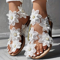 [Flowers Flat Women's Sandals] Women's Flowers Flat Sandals, Fashion Toe Loop Faux Pearl Slip On Shoes, Casual Beach Travel Sandals