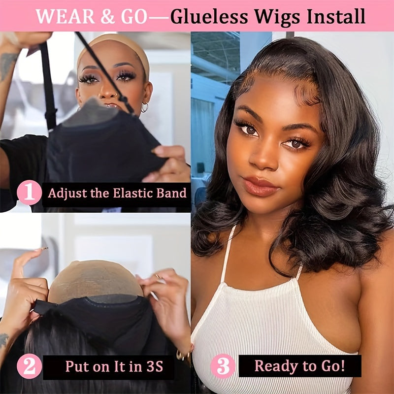 180% Density Glueless Bob Wig - Seamless Body Wave Human Hair with Pre-Plucked Lace Front & Pre-Cut 13x4 Closure - Effortless Wear for Beginners - Natural, Easy-On Style for Women