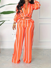 [Two-piece Set Long Sleeve Shirt] Striped Print Two-piece Set, Button Front Collar Long Sleeve Shirt & High Waist Wide Leg Loose Pants Set, Women's Clothing
