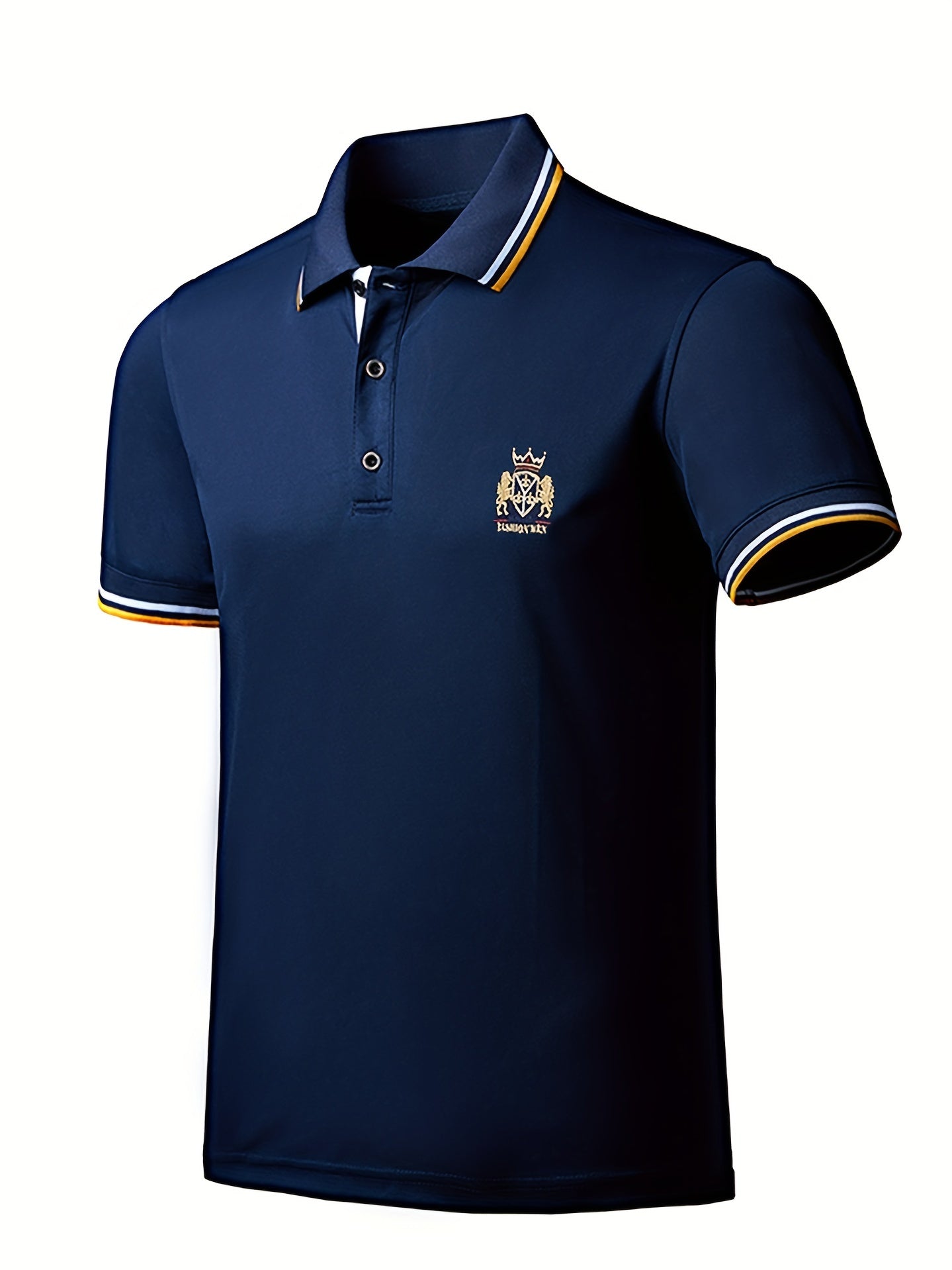 Men's Casual Shirt - Vibrant Red with Golden Embroidered Crest, Short Sleeve Summer Shirt, Regular Fit, Black & Yellow Trim Collar, Breathable Fabric for Casual & Semi-Formal Wear, Contrast Stripe Detailing