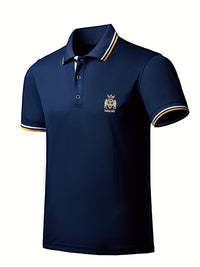 Men's Casual Shirt - Vibrant Red with Golden Embroidered Crest, Short Sleeve Summer Shirt, Regular Fit, Black & Yellow Trim Collar, Breathable Fabric for Casual & Semi-Formal Wear, Contrast Stripe Detailing