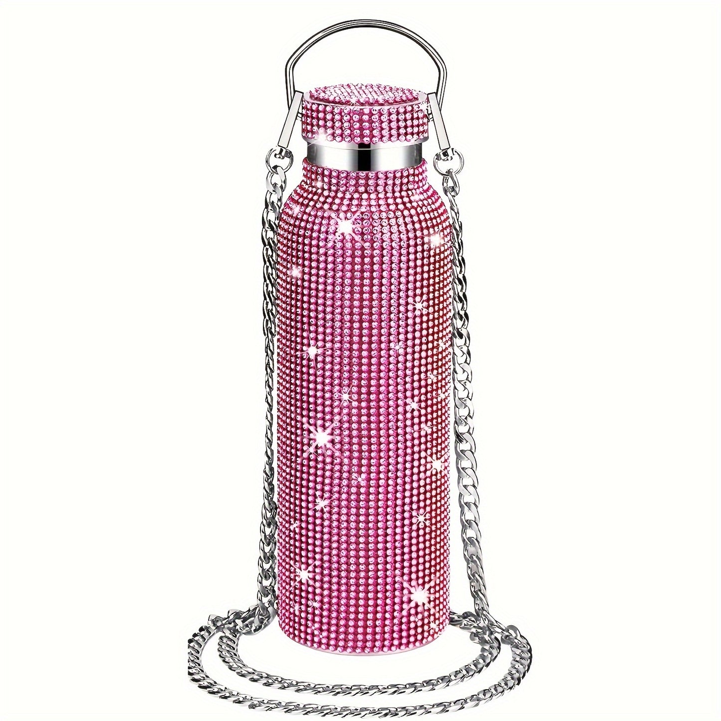 [Sparkling Steel Bottle] 2pcs Sparkling Pink 20oz Stainless Steel Insulated Water Bottles - Double-Walled, BPA-Free with Chain Strap & Lid, Ideal for Christmas, Valentine's, Thanksgiving, Mother's Day, Graduation Gifts, Holid