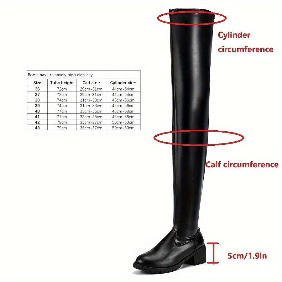 Mid Heel Womens Thigh High Boots - Soft Flannel Lined, Block Heel, Round Toe, Zipper Closure, Platform Sole, PU Faux Leather Upper - Casual Solid Color Shoes for Winter