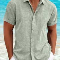 [Men's Casual Shirt] Men's dark green lapel beach summer button casual party shirt invisible button up top casual short sleeved shirt wedding party dinner party holiday formal top
