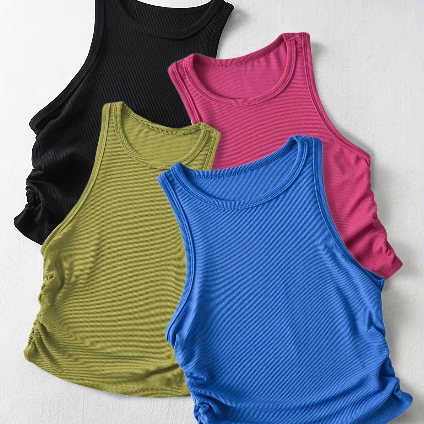 4 Packs Side Ruched Tank Tops, Y2K Crew Neck Tank Tops For Summer, Women's Clothing