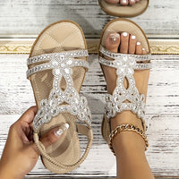 Sparkling Boho Chic Womens Flat Sandals - Elastic Ankle Strap, Slip-On, Perfect for Casual Summer Outings & Music Festivals