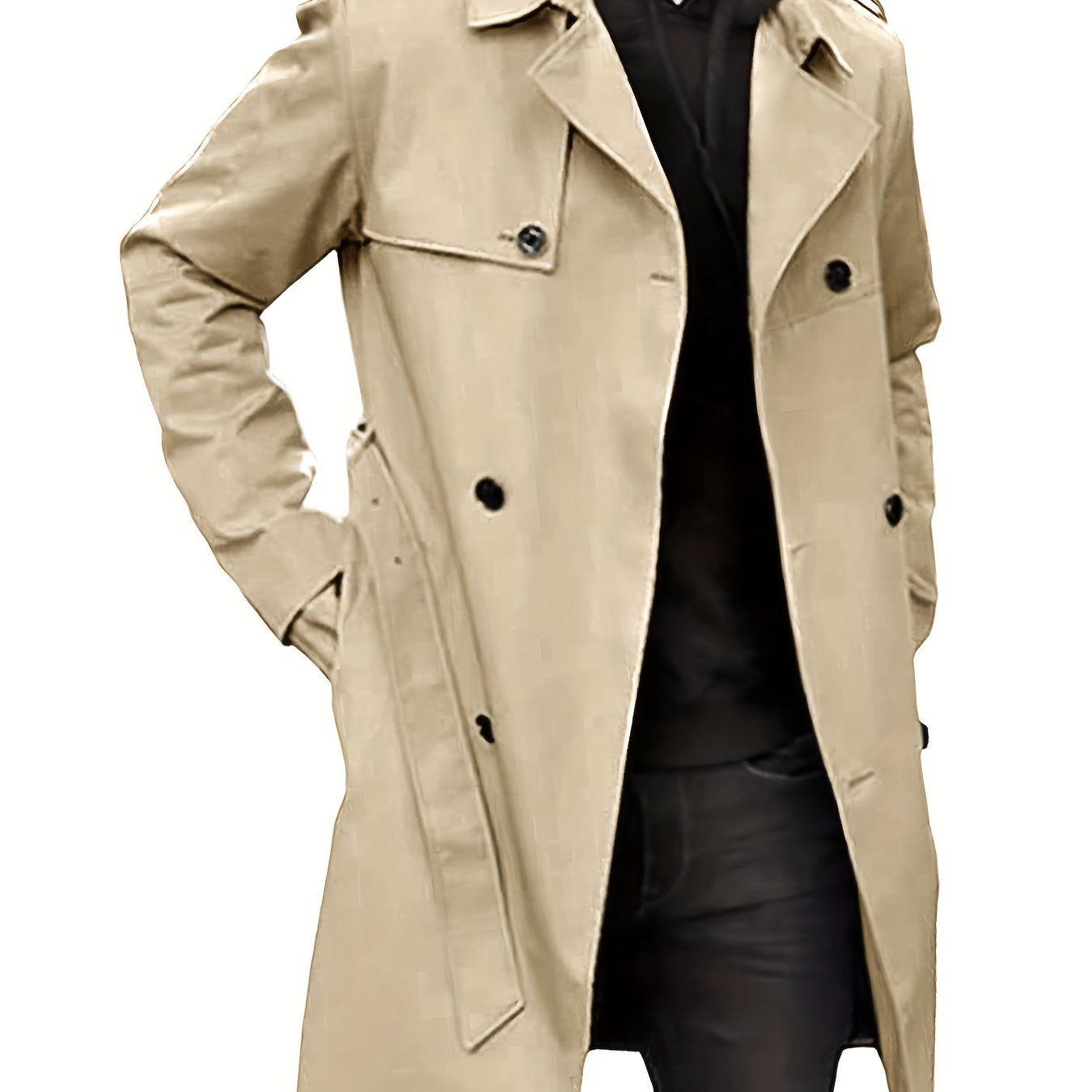 Plus Size Men's Trendy Windbreaker Double-breasted Belt Lapel Casual Slim Long Jacket Coat