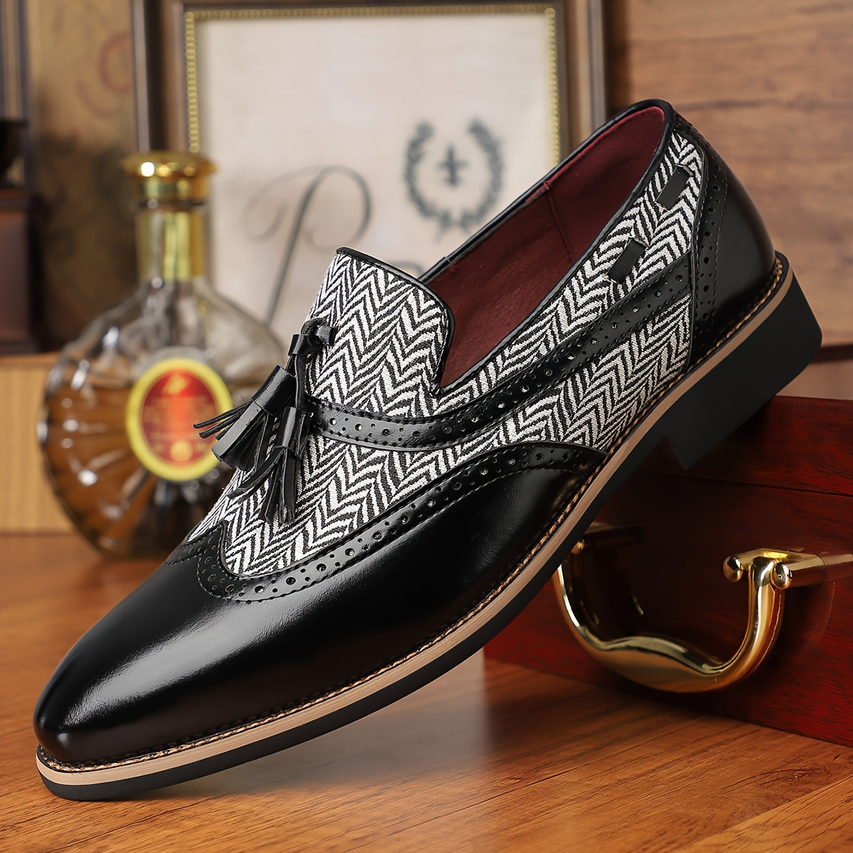 Plus Size Men's Trendy Wingtip Slip On Tassel Loafer Shoes, Comfy Non Slip Durable Rubber Sole Walking Shoes, Men's Footwear