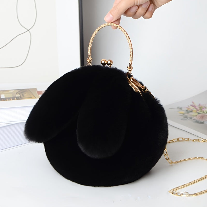 Kawaii Fluffy Bunny Kiss Lock Handbag – Stylish Year of the Rabbit Chain Shoulder Bag with Polyester Lining