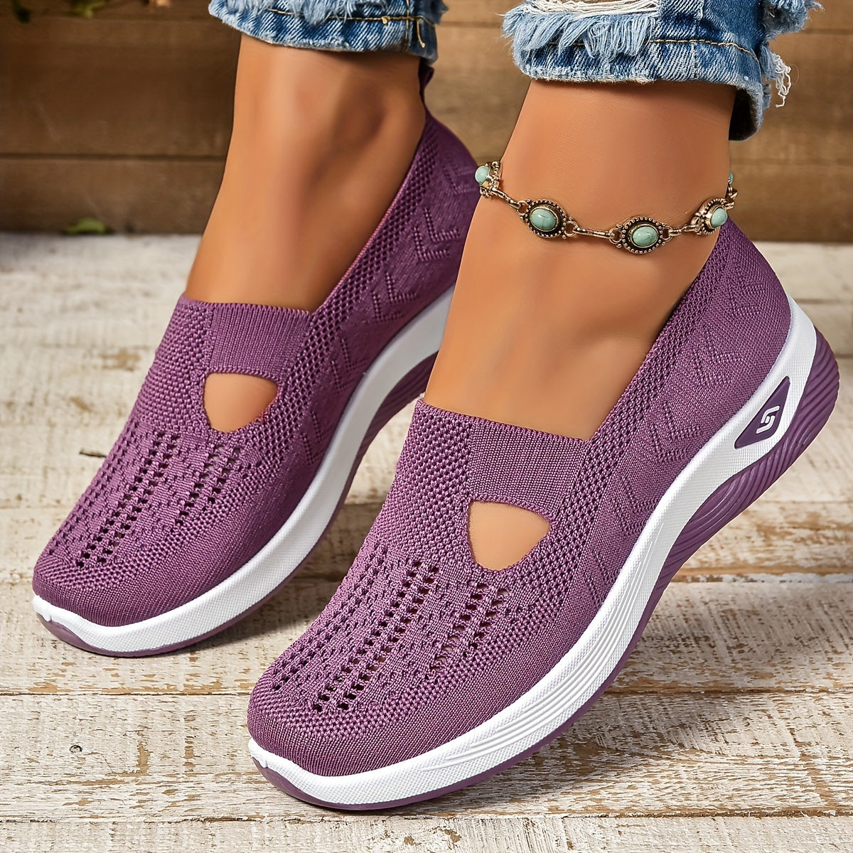 Women's Cut-out Sneakers, Casual Breathable Slip On Walking Shoes, Lightweight Outdoor Flat Shoes