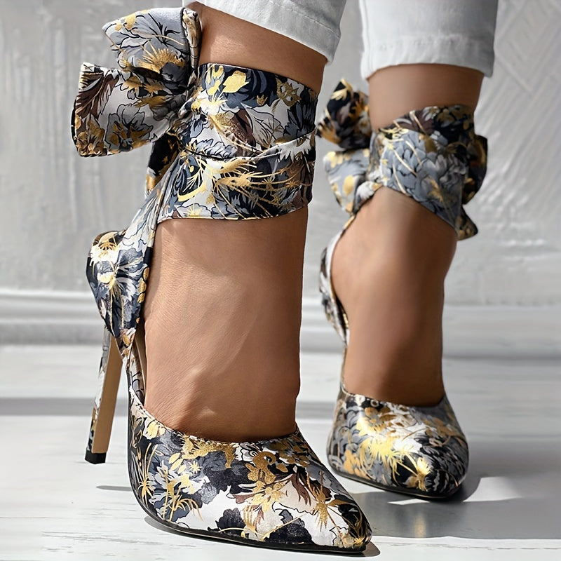 Women's Strappy Floral Print Satin Stiletto High Heels - Pointed Toe Lace Up D'Orsay Pumps with Ultrahigh Heel, Fabric Upper & Man Made Sole | Party & Dress Shoes | Fashion Stiletto Sandals