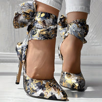 Women's Strappy Floral Print Satin Stiletto High Heels - Pointed Toe Lace Up D'Orsay Pumps with Ultrahigh Heel, Fabric Upper & Man Made Sole | Party & Dress Shoes | Fashion Stiletto Sandals