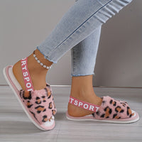 Leopard Print Fuzzy Flat Slippers, Open Toe Elastic Strap Slip On Shoes, Cozy & Warm Home Slipper Sandals