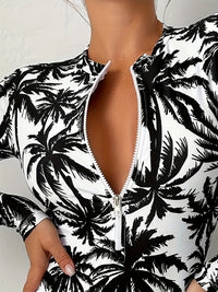 Womens Tropical Print One-Piece Swimsuit - Removable Padded, Long Sleeves, Half Zipper, Crew Neck, Medium Stretch, Quick-Dry Polyester - Surfing Water Sports Competitive Bathing Suit