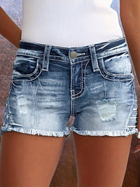 Embroidered Pockets Washed Denim Shorts, Raw Hem Slash Pockets Short Denim Pants, Women's Denim Jeans & Clothing