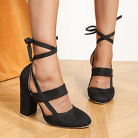 [Elegant Sandals] Elegant High Heel Sandals | Women's - Solid Color Fabric Upper, Round Toe, Lace-Up Ankle Strap, Block Heel, Rubber Sole, Man-Made Insole & Inner Material