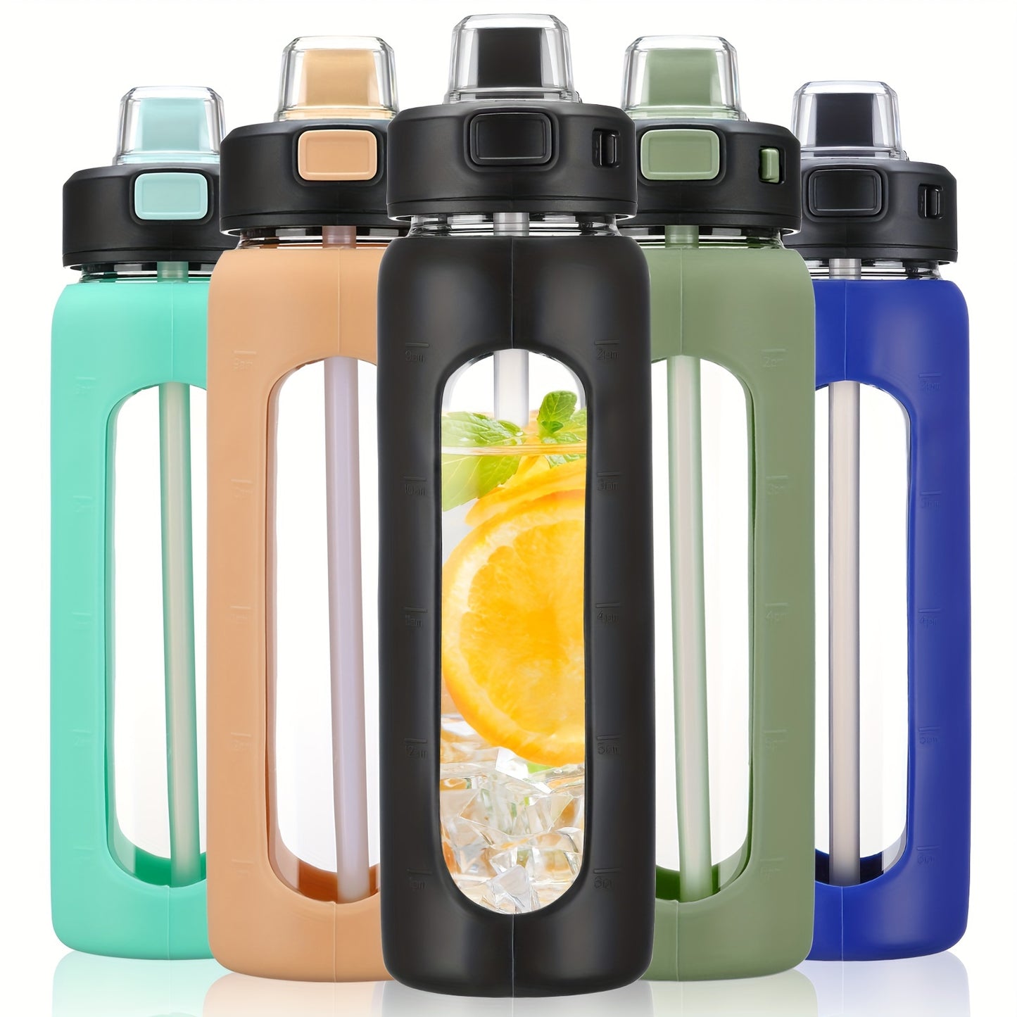 MUKOKO 24oz Glass Water Bottle With Straw, Motivational Water Bottles With Time Marker And Silicone Sleeve, Glass Bottle With Locking Lid And Carry Loop