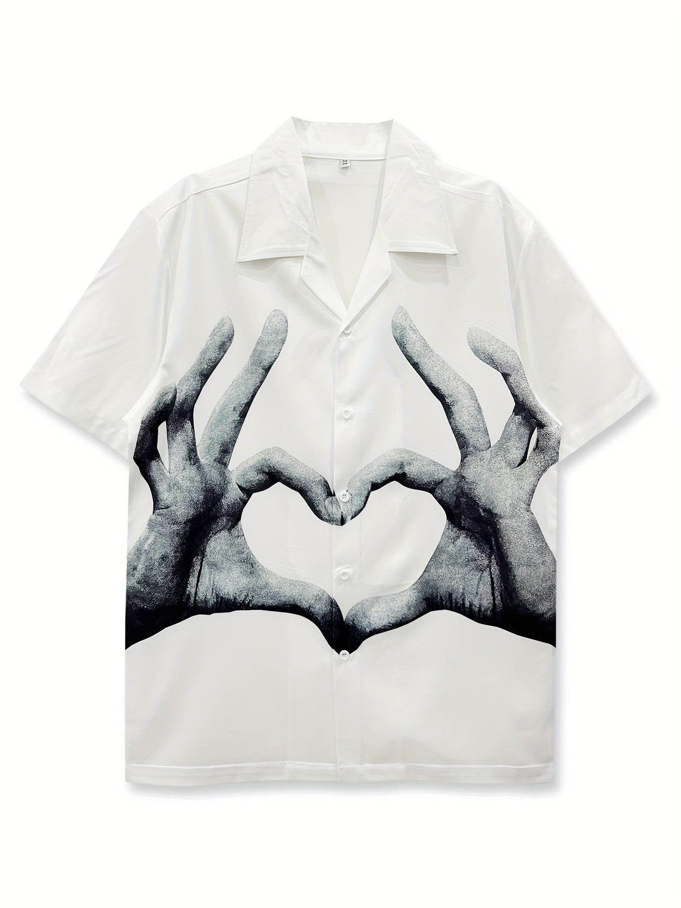 Valentine's Day Men's Casual Shirt with Cute Heart Gesture Print, Hawaiian Style Short Sleeve Button-Up, Polyester, Summer Beachwear - Available in XS to XXL