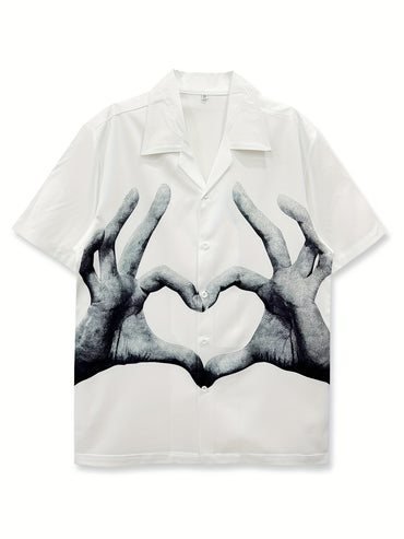 Valentine's Day Men's Casual Shirt with Cute Heart Gesture Print, Hawaiian Style Short Sleeve Button-Up, Polyester, Summer Beachwear - Available in XS to XXL