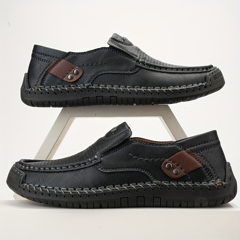 Plus Size Men's Solid Colour Split cowhide Slip On Loafer Shoes, Comfy Non Slip Casual Rubber Sole Dress Shoes, , Middle Aged Men's Footwear