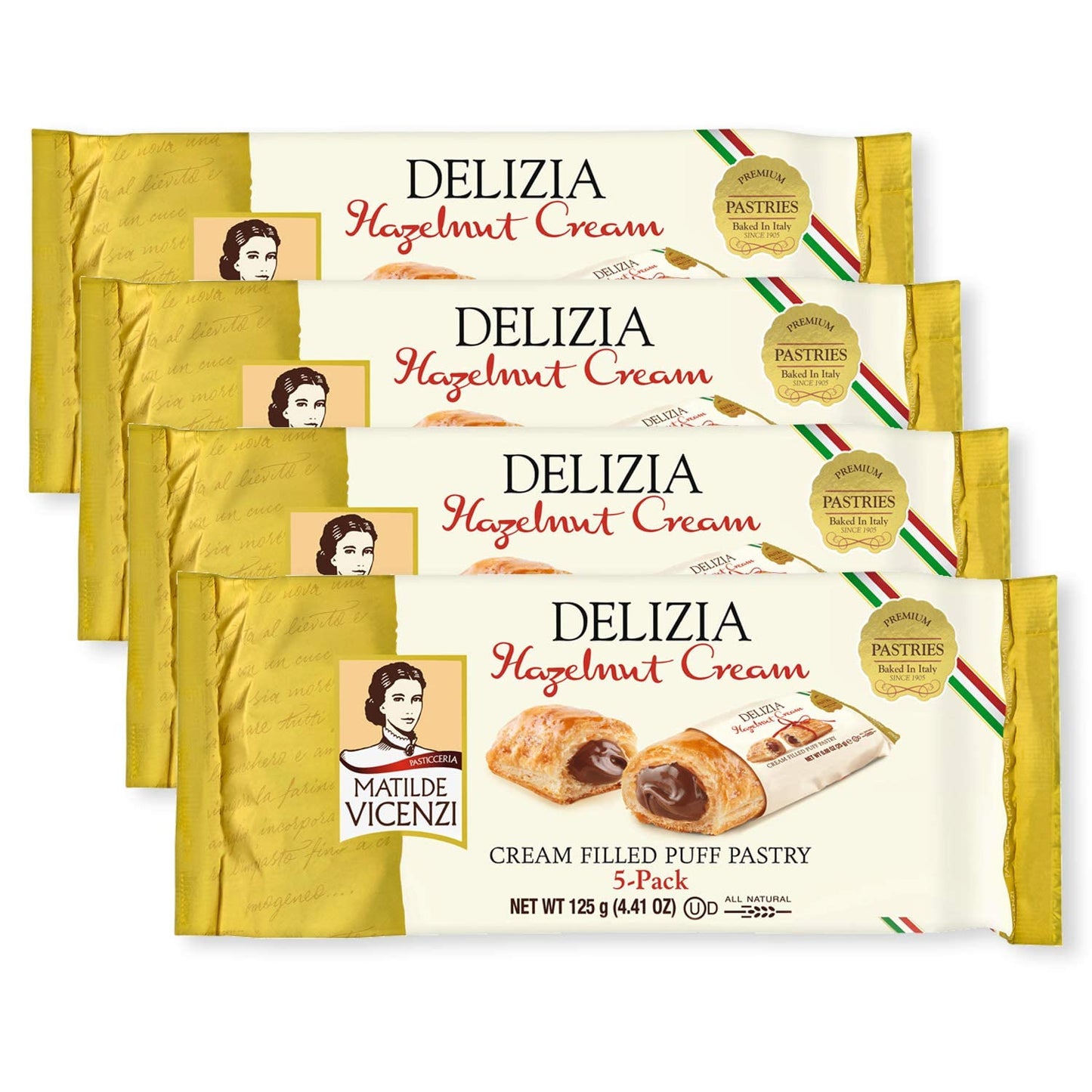 Delizia Hazelnut Cream by Pasticceria Matilde Vicenzi | Cream Filled Puff Pastry Patisserie Rolls | All-Natural, Kosher Dairy | Made in Italy | 4.41oz (125g) Box, 4-Pack