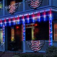 4th of July Decorations Outdoor, Red White Blue Meteor Shower Lights for Independence National Memorial Day, US Flag Lights for 2024 President Election Campaign American Presidential Election, 8 Tubes