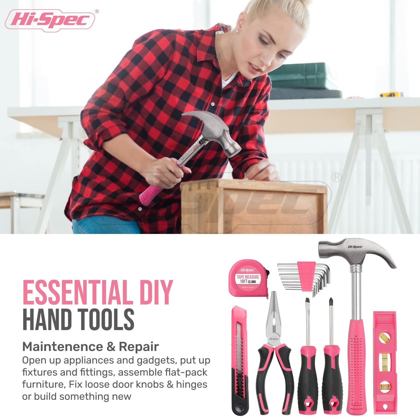 Hi-Spec Drill Set 58pc Pink Tool Set 8V USB Electric Drill Driver & Household Tool Kit. DIY Cordless Power Screwdriver