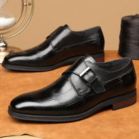 Men's Solid Color Top Grain Cow Leather Upper Monk Shoes, Comfy Non Slip Rubber Sole Durable Dress Shoes, Men's Footwear