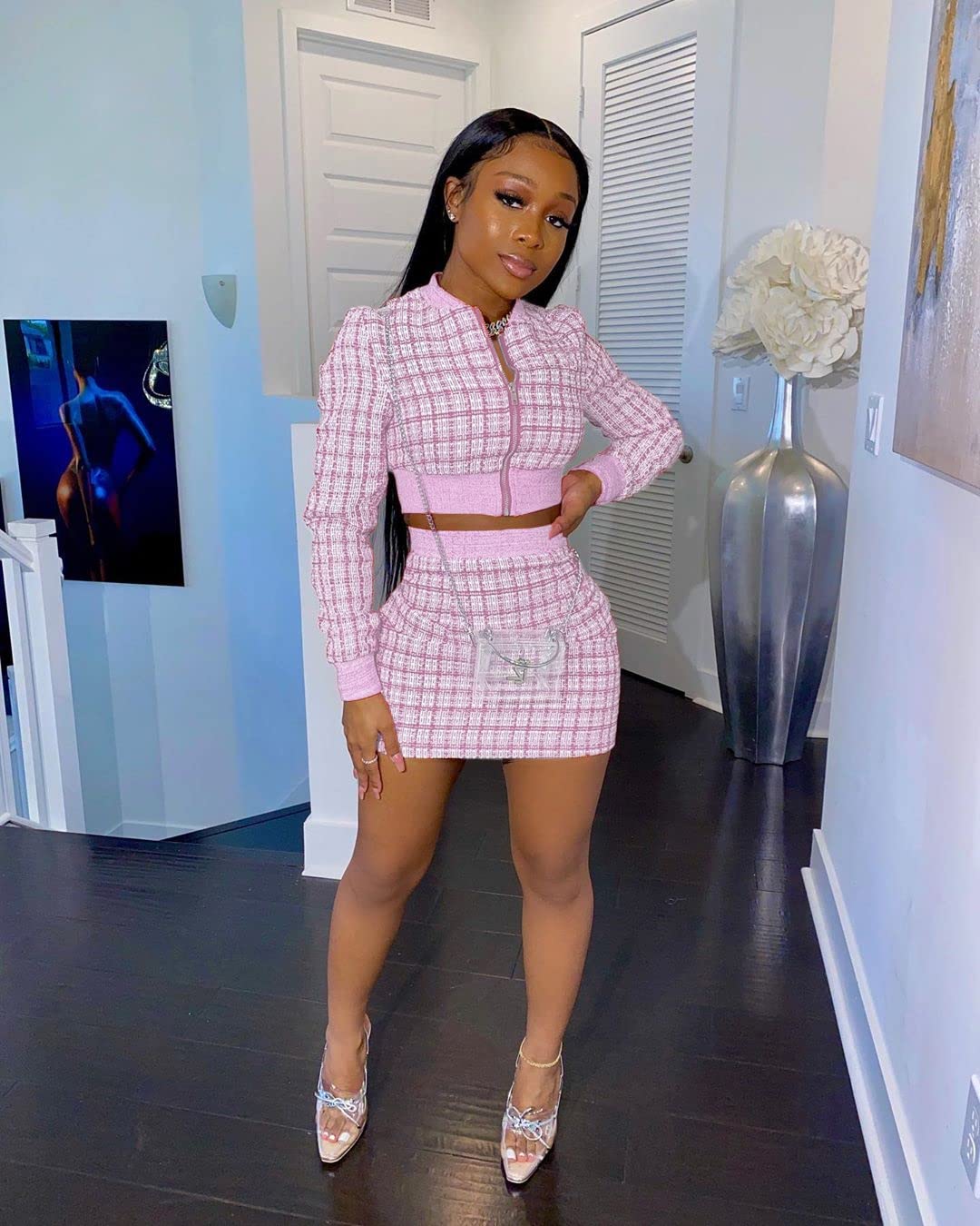 THLAI Women Piece Skirt Set Long Sleeve Jacket Crop Top and