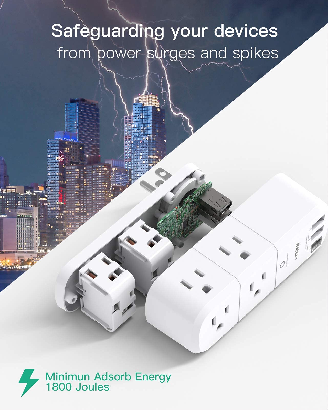 USB Outlet Extender Surge Protector - with Rotating Plug, 6 AC Multi Plug and 3 USB Ports (1 C), 1800 Joules, 3-Sided Swivel Power Strip Spaced Splitter for Home, Office, Travel