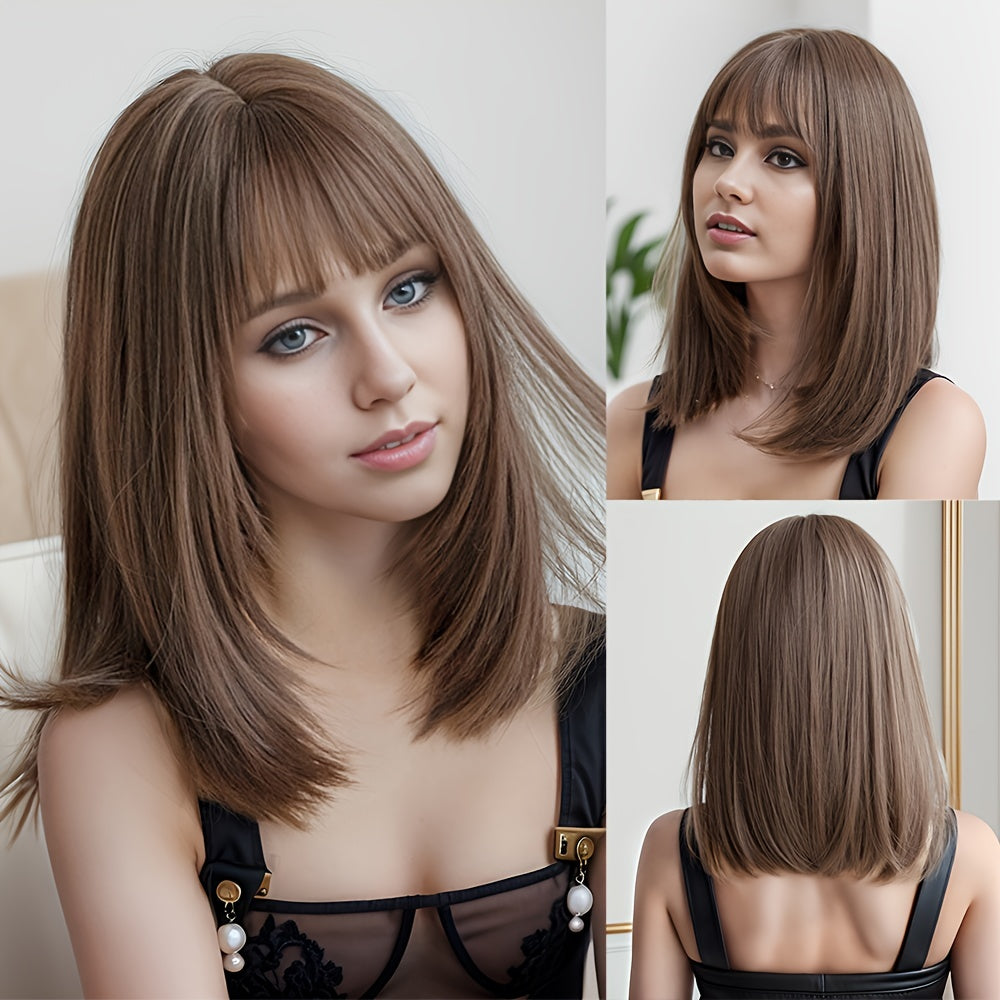 Natural Black Straight Synthetic Wig For Women With Bangs 18inch Cosplay Halloween Party Heat Resistant