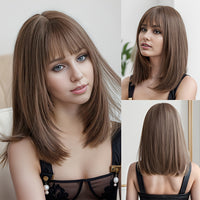 Natural Black Straight Synthetic Wig For Women With Bangs 18inch Cosplay Halloween Party Heat Resistant