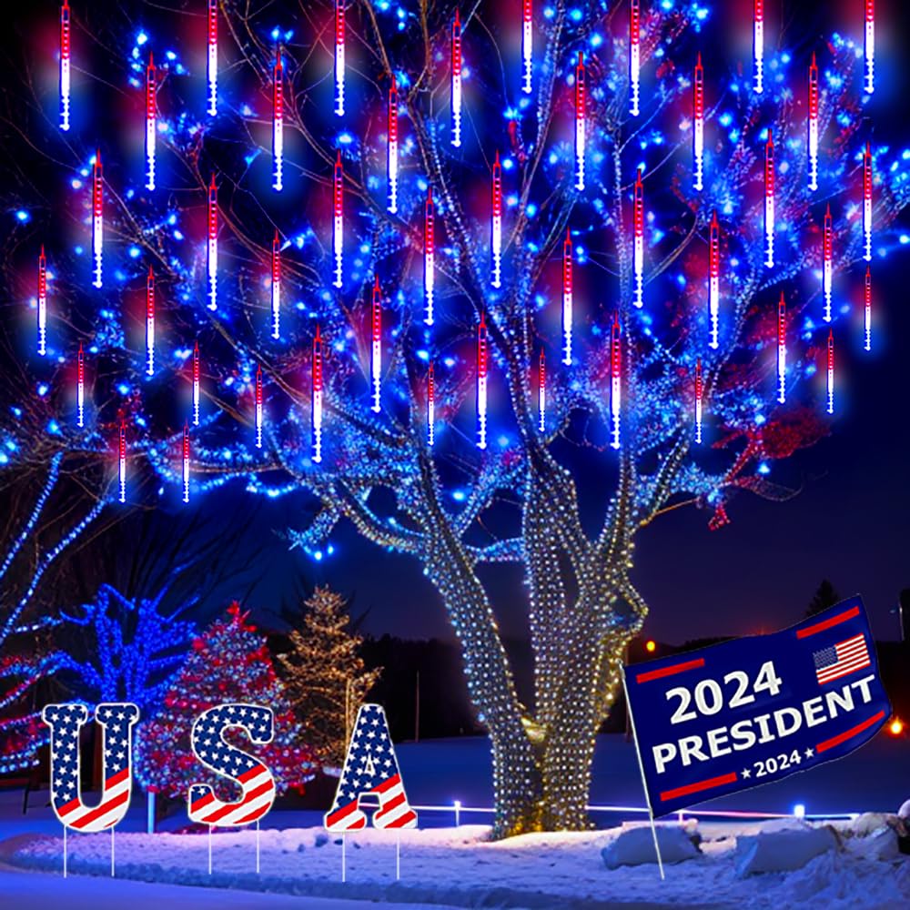 4th of July Decorations Outdoor, Red White Blue Meteor Shower Lights for Independence National Memorial Day, US Flag Lights for 2024 President Election Campaign American Presidential Election, 8 Tubes